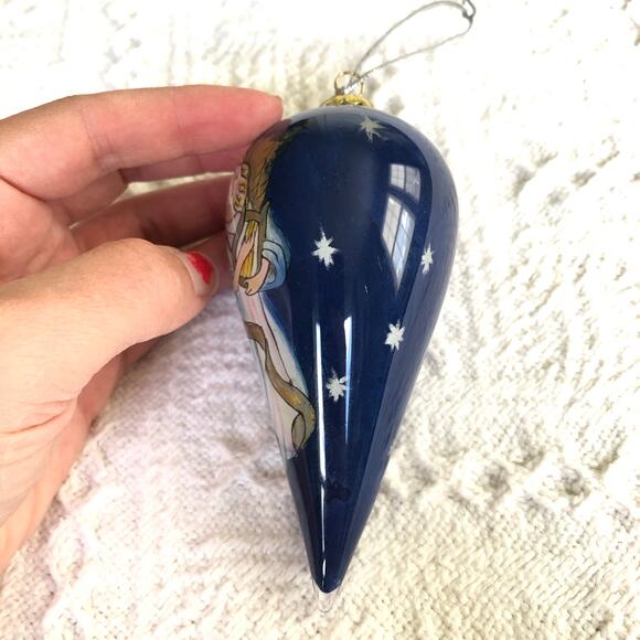 Vintage Hand-Painted Glass Angel Teardrop Ornament Navy Blue Cone 4.5" - Picture 3 of 7